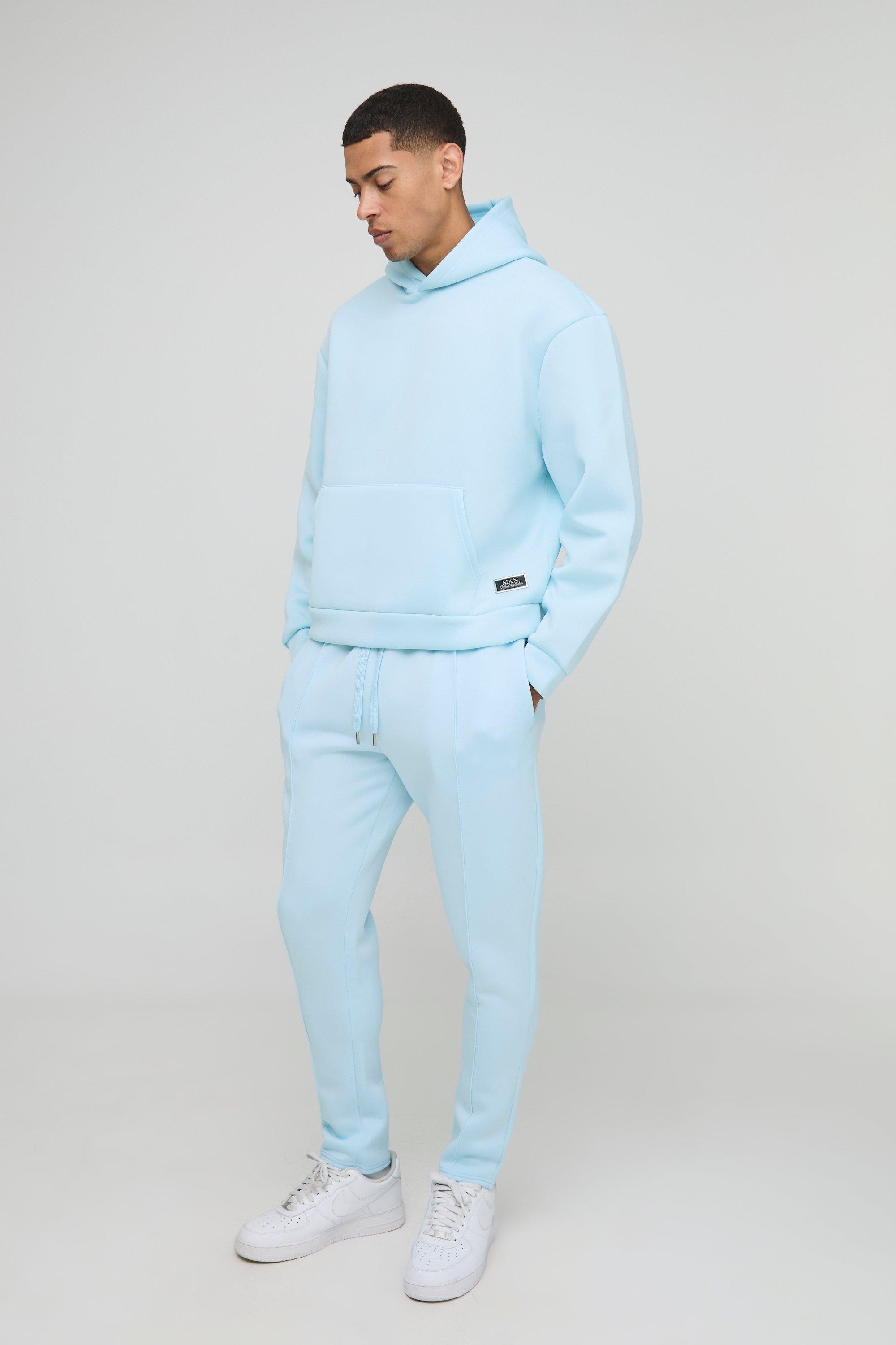 Mens Blue Oversized Boxy Bonded Scuba Hooded Tracksuit, Blue